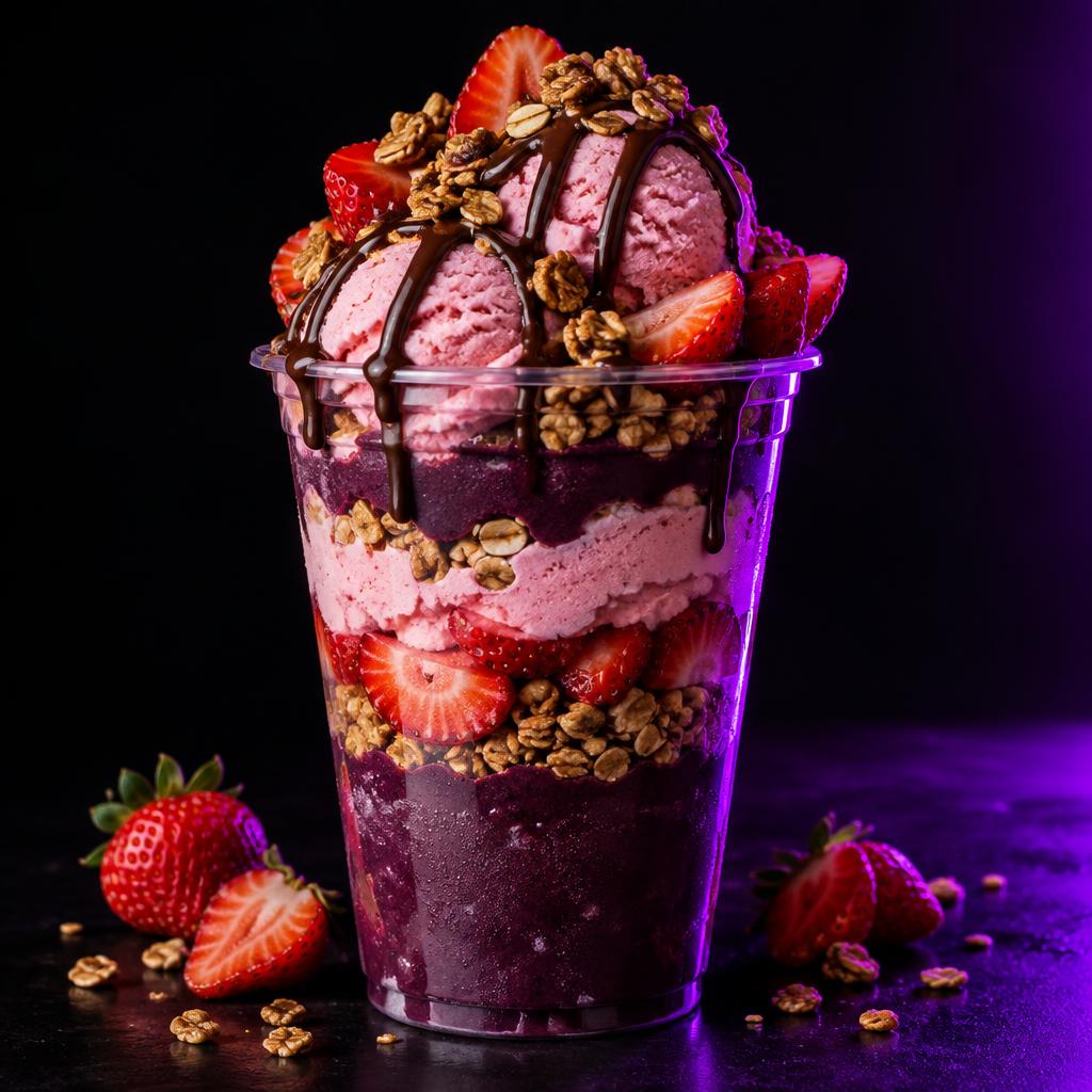 Copo de açaí com sorvete, morangos e granola